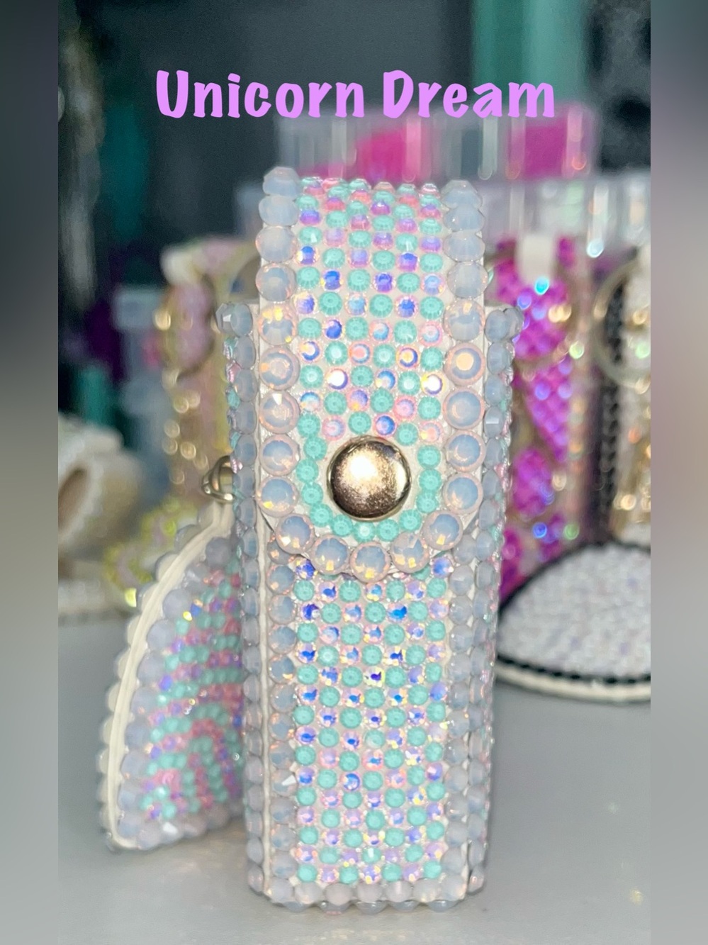 Hand Crafted Unicorn Dream Iridescent Crystal Lipstick Case and Mirror Keychain